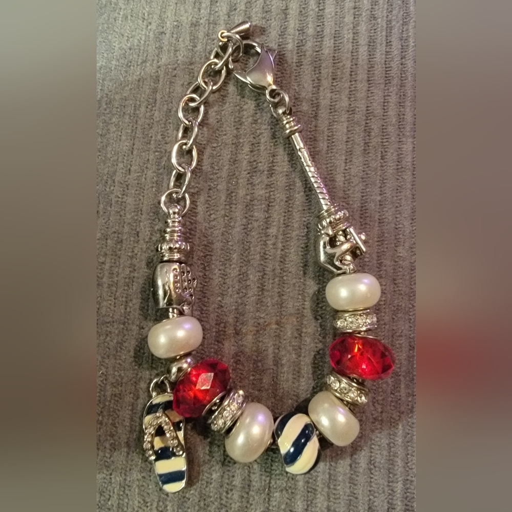 Source Unknown Silver and Red Pearl Bracelet